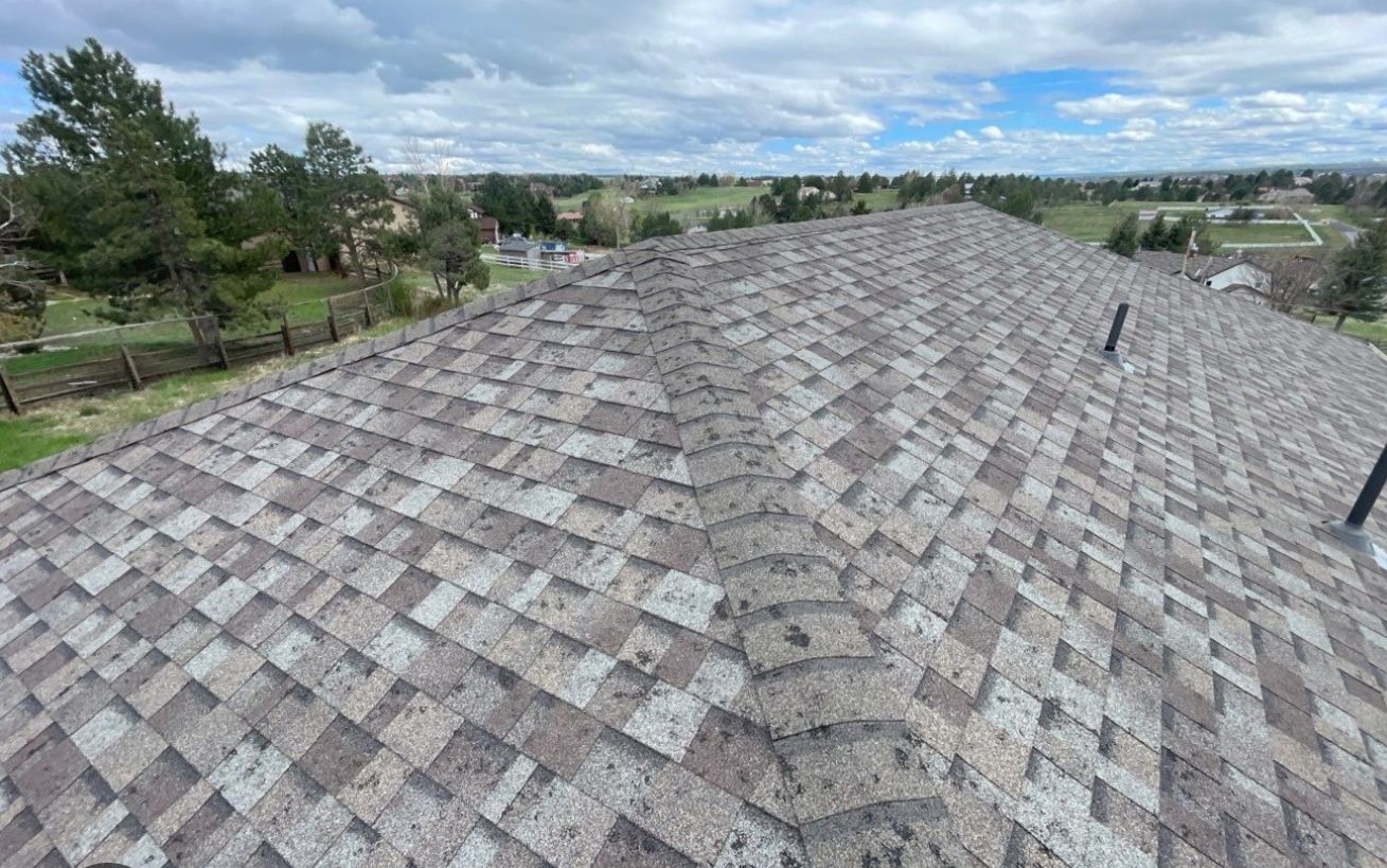 Asphalt shingle roof covered in hail strikes where granules were knocked off