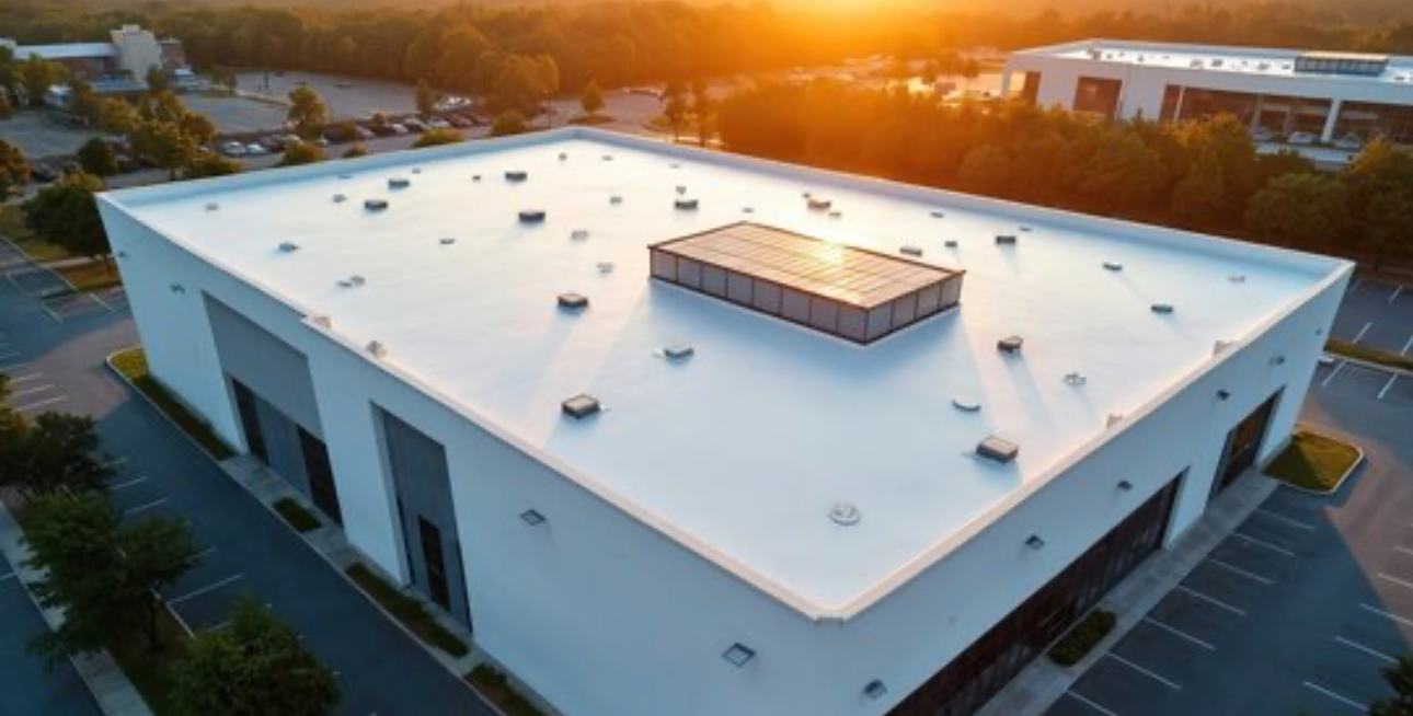 White TPO membrane roof on a commercial building